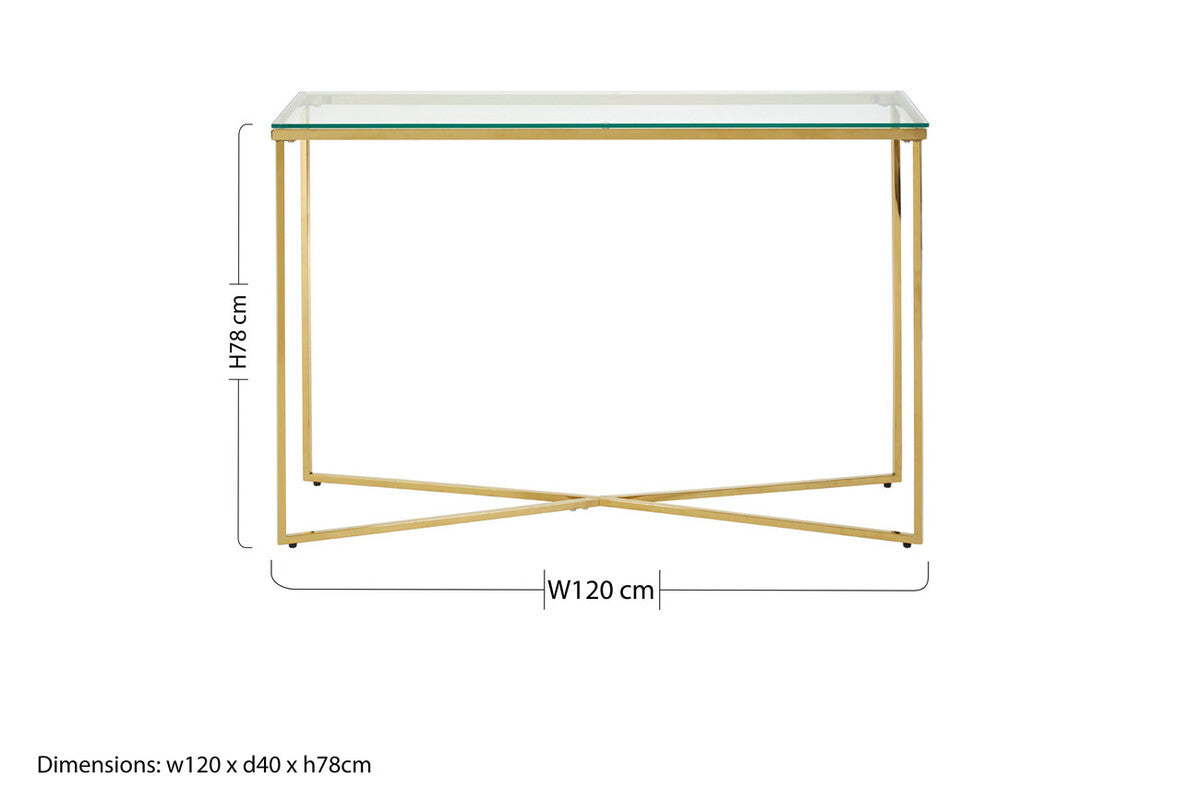 Orsina Allure Gold Cross Base Console Table with Tempered Glass Top