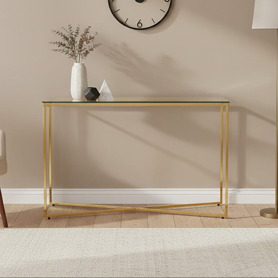 Orsina Allure Gold Cross Base Console Table with Tempered Glass Top