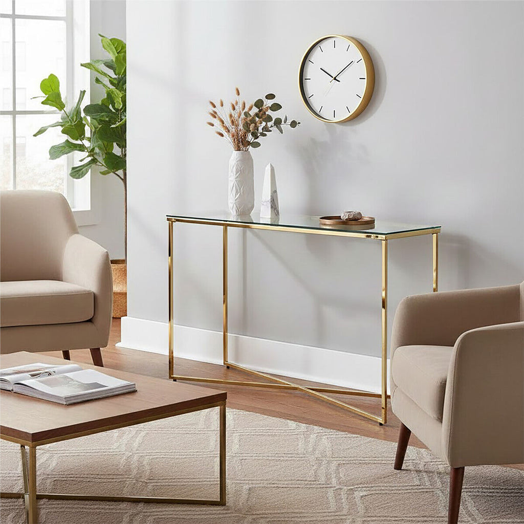 Orsina Allure Gold Cross Base Console Table with Tempered Glass Top