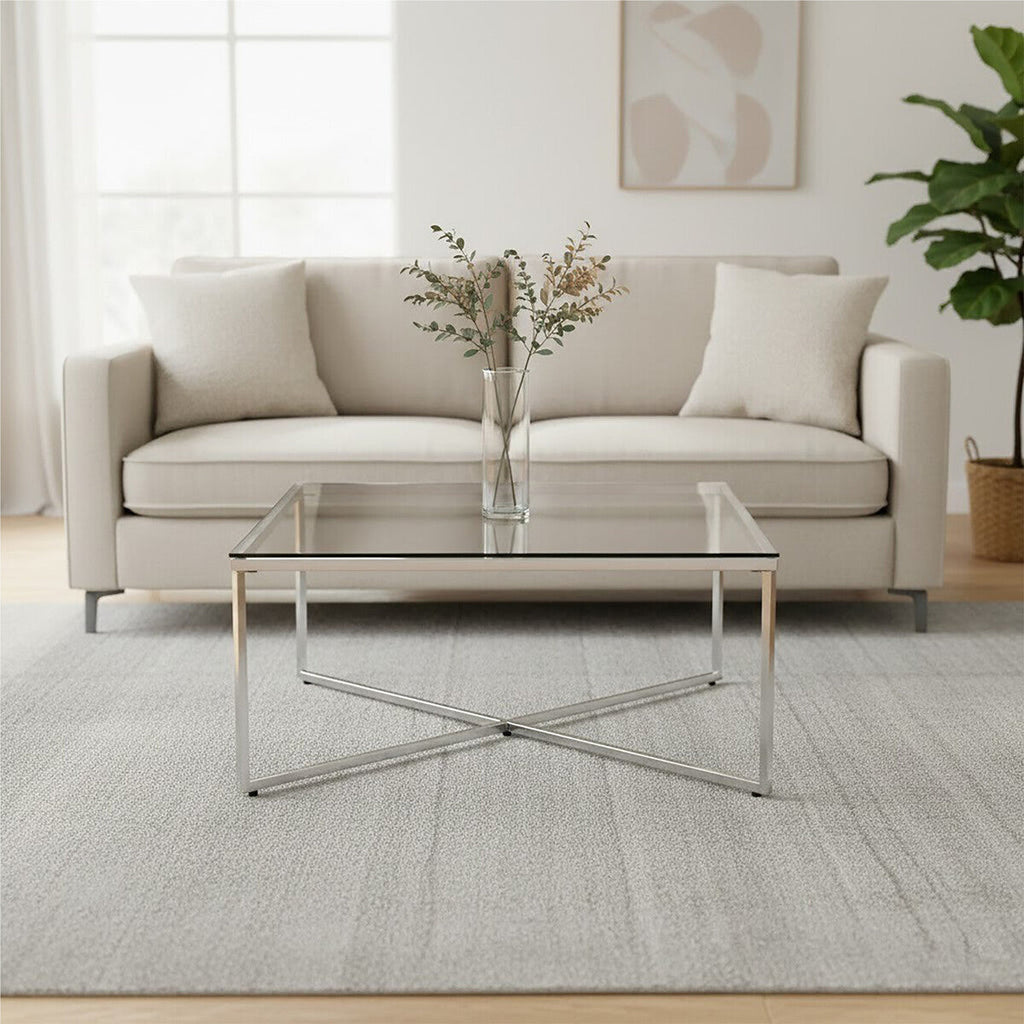 Orsina Allure Silver Cross Base Coffee Table with Tempered Glass