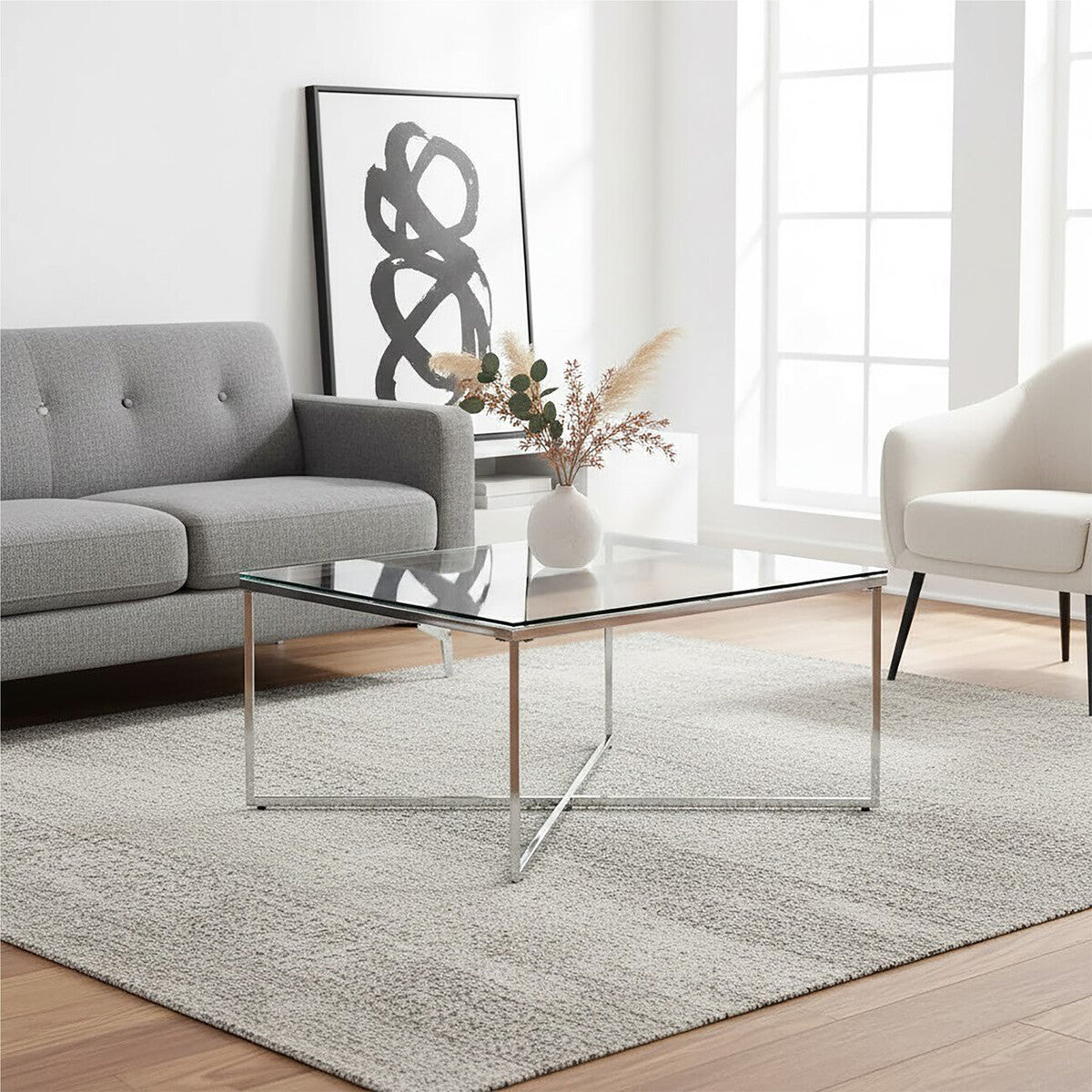 Orsina Allure Silver Cross Base Coffee Table with Tempered Glass