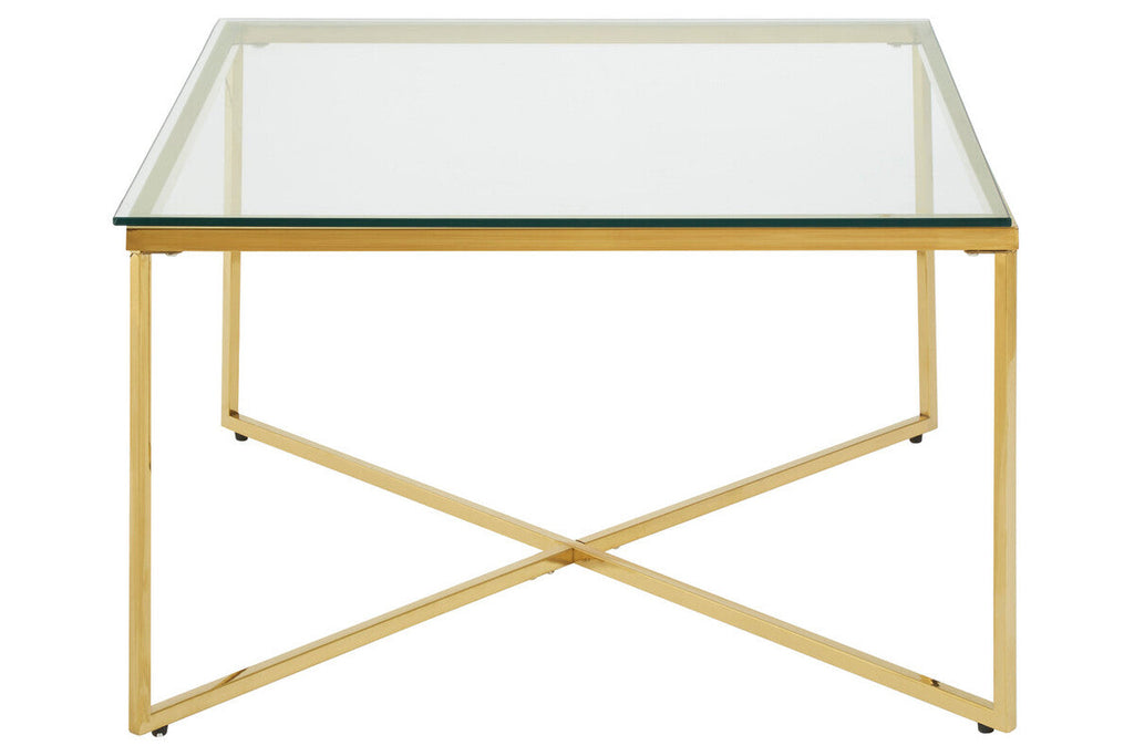 Orsina Allure Gold Cross Base Coffee Table | Clear Tempered Glass