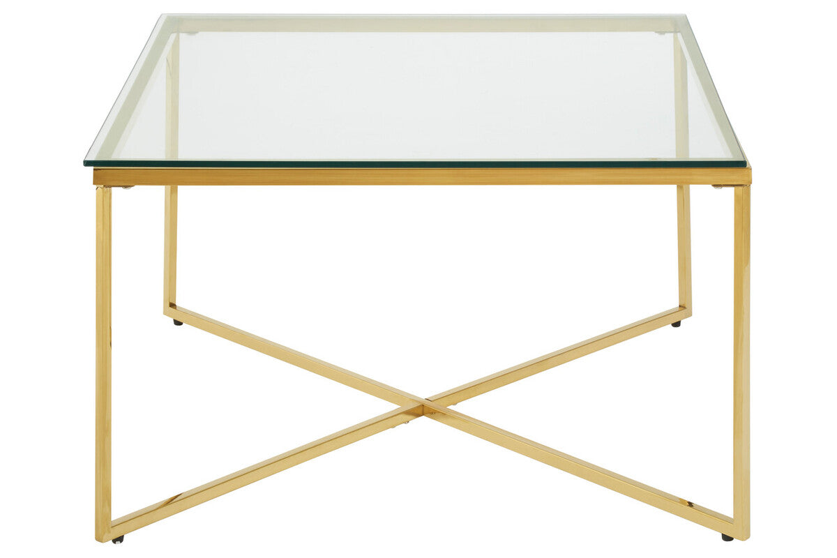 Orsina Allure Gold Cross Base Coffee Table | Clear Tempered Glass