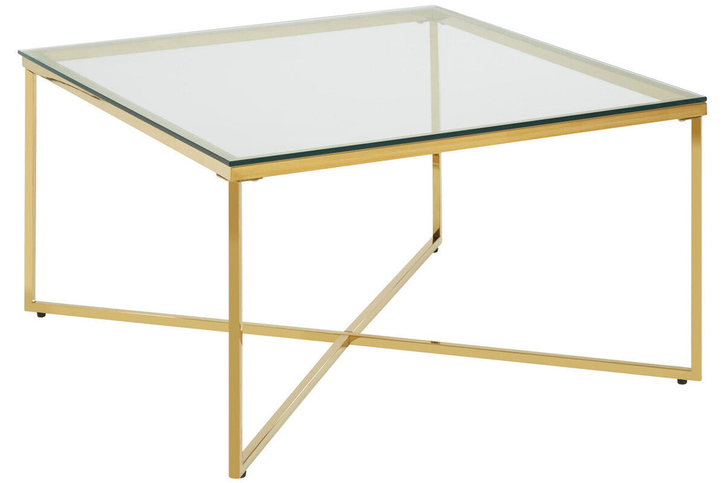 Orsina Allure Gold Cross Base Coffee Table | Clear Tempered Glass