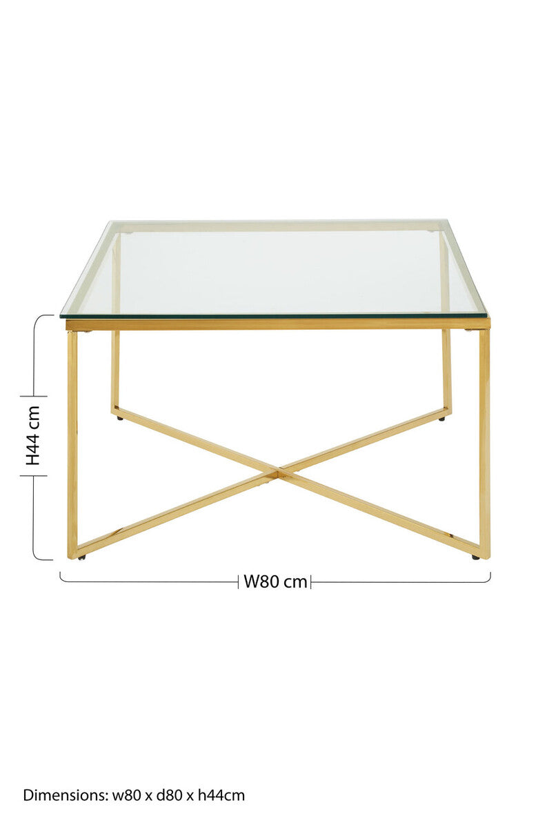 Orsina Allure Gold Cross Base Coffee Table | Clear Tempered Glass