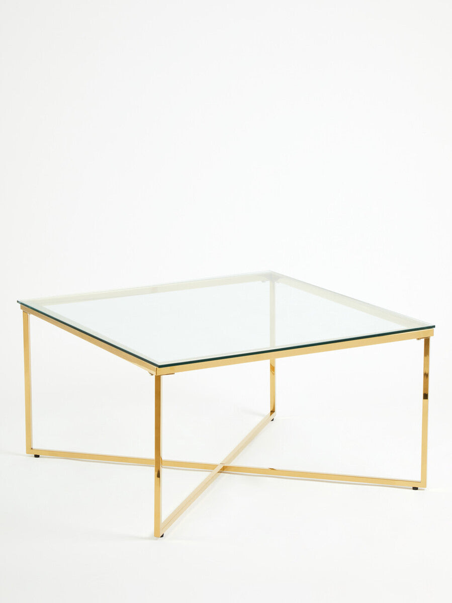 Orsina Allure Gold Cross Base Coffee Table | Clear Tempered Glass