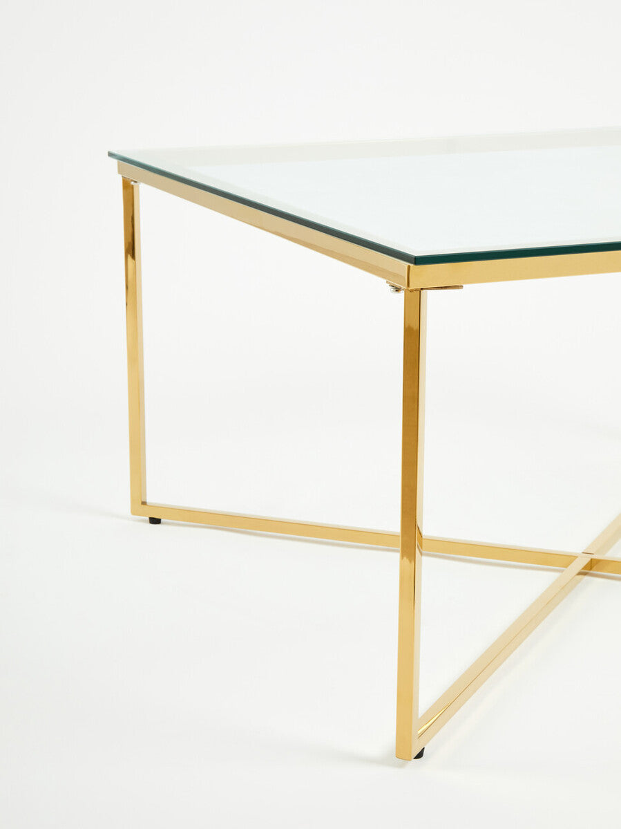 Orsina Allure Gold Cross Base Coffee Table | Clear Tempered Glass
