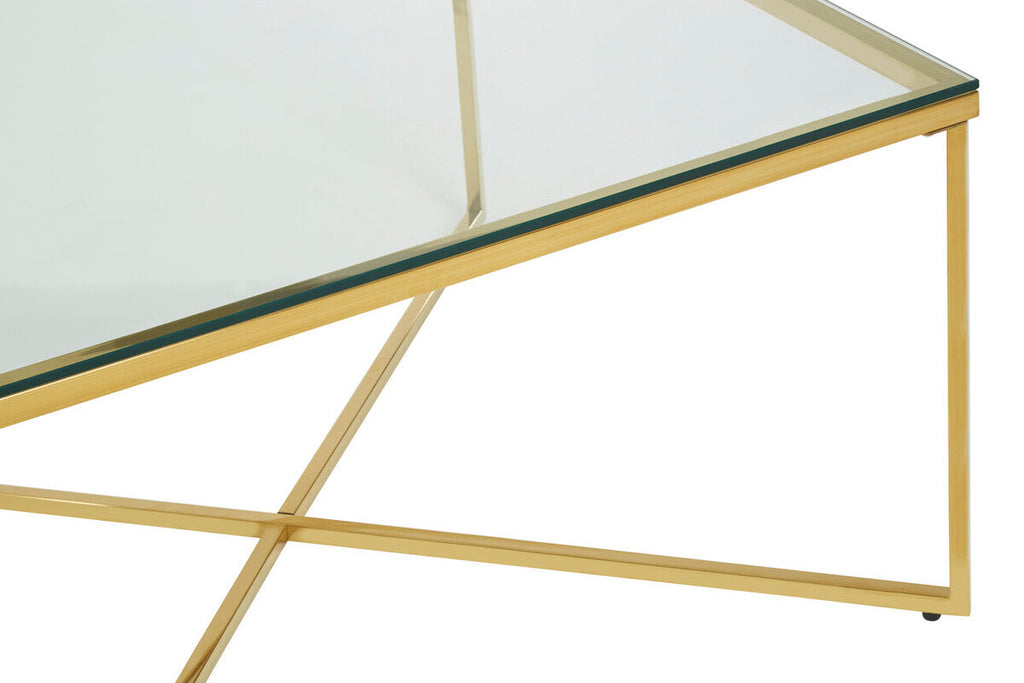 Orsina Allure Gold Cross Base Coffee Table | Clear Tempered Glass