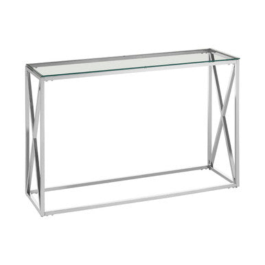 Orsina Allure Silver Console Table | Slim Glass Top Minimalist Entryway