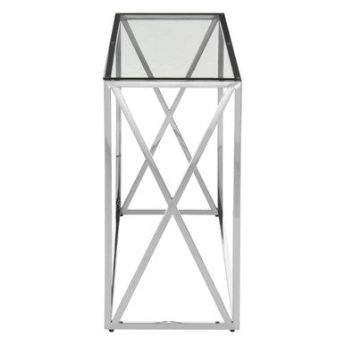 Orsina Allure Silver Console Table | Slim Glass Top Minimalist Entryway