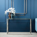 Orsina Allure Silver Console Table | Slim Glass Top Minimalist Entryway