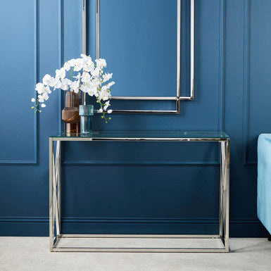 Orsina Allure Silver Console Table | Slim Glass Top Minimalist Entryway
