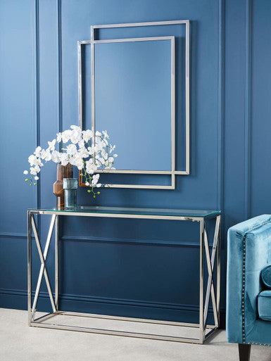 Orsina Allure Silver Console Table | Slim Glass Top Minimalist Entryway