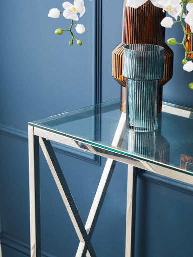 Orsina Allure Silver Console Table | Slim Glass Top Minimalist Entryway