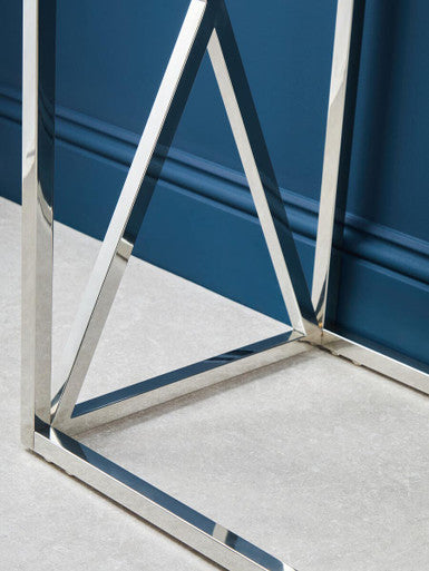 Orsina Allure Silver Console Table | Slim Glass Top Minimalist Entryway