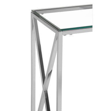 Orsina Allure Silver Console Table | Slim Glass Top Minimalist Entryway