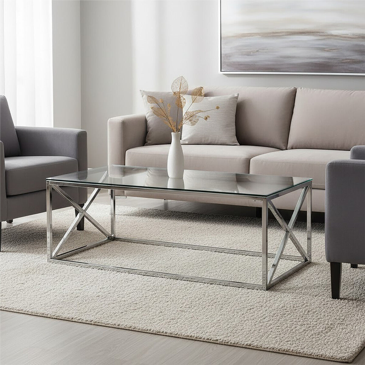 Orsina Silver Cross Coffee Table | Tempered Glass & Stainless Steel