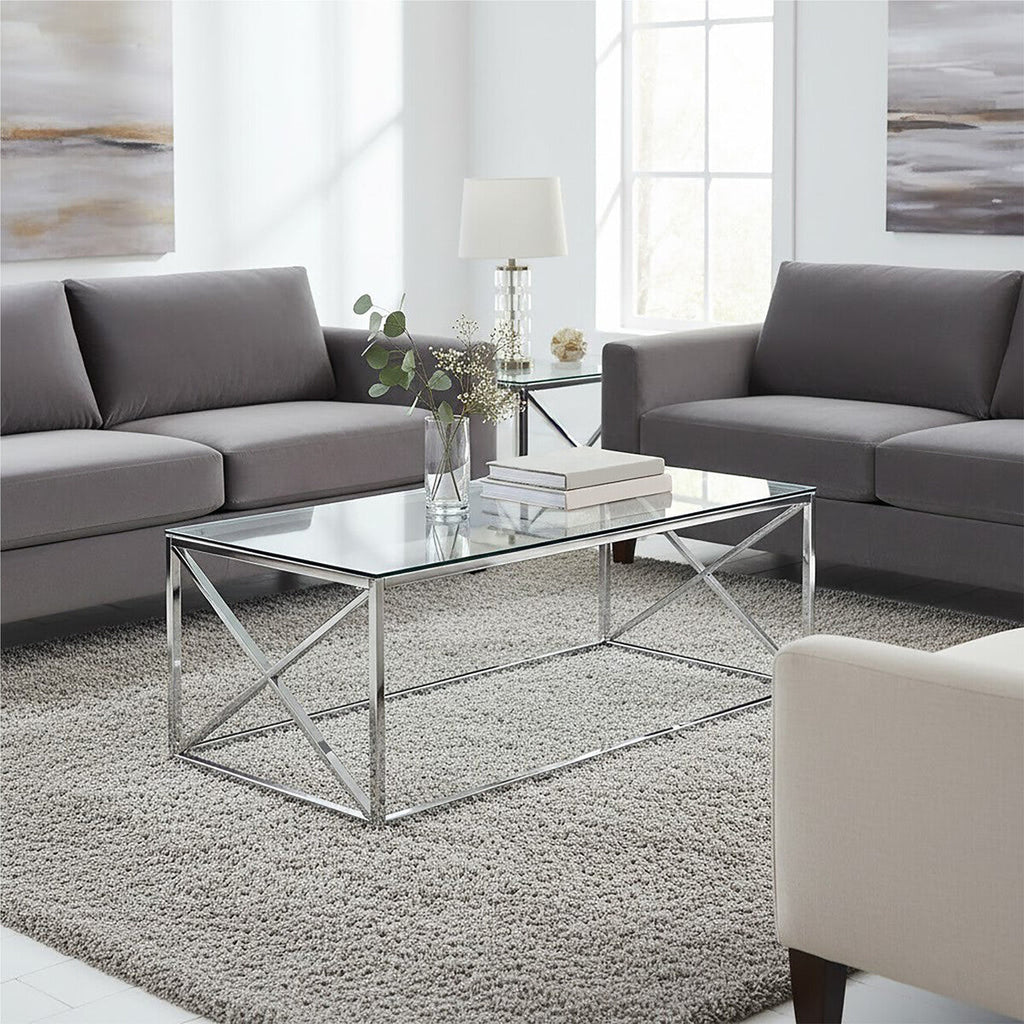 Orsina Silver Cross Coffee Table | Tempered Glass & Stainless Steel