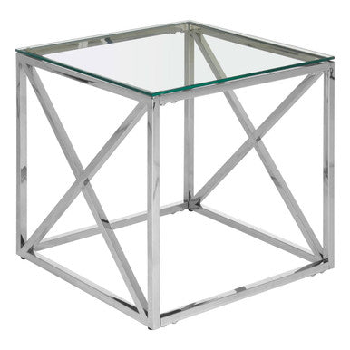 Orsina Allure Glass End Table – Silver Cross Base Side Table