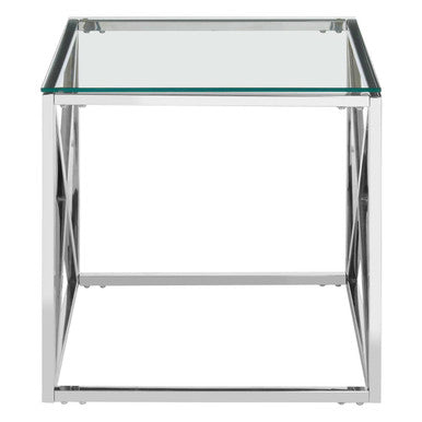 Orsina Allure Glass End Table – Silver Cross Base Side Table