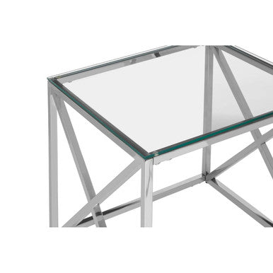 Orsina Allure Glass End Table – Silver Cross Base Side Table