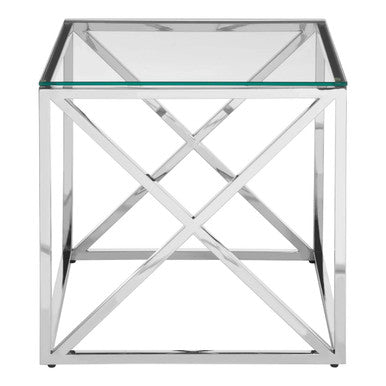 Orsina Allure Glass End Table – Silver Cross Base Side Table