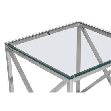 Orsina Allure Glass End Table – Silver Cross Base Side Table