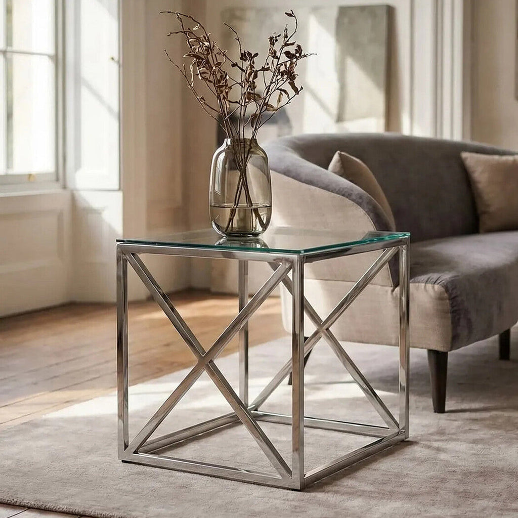 Orsina Allure Glass End Table – Silver Cross Base Side Table