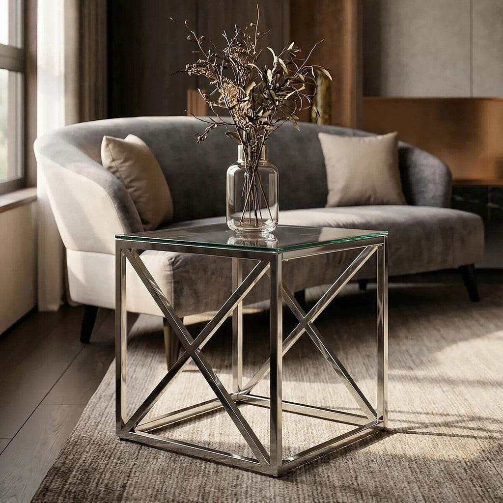 Orsina Allure Glass End Table – Silver Cross Base Side Table