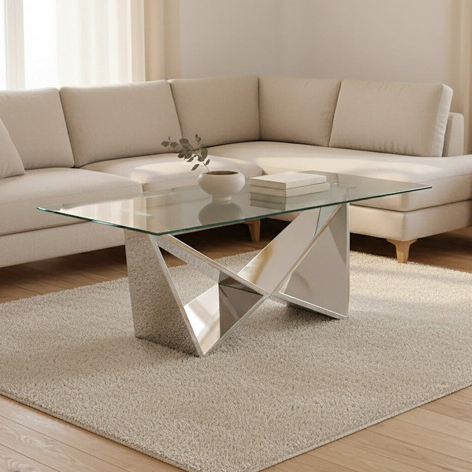 Orsina Allure Wing Base Coffee Table | Silver Stainless Steel & Glass