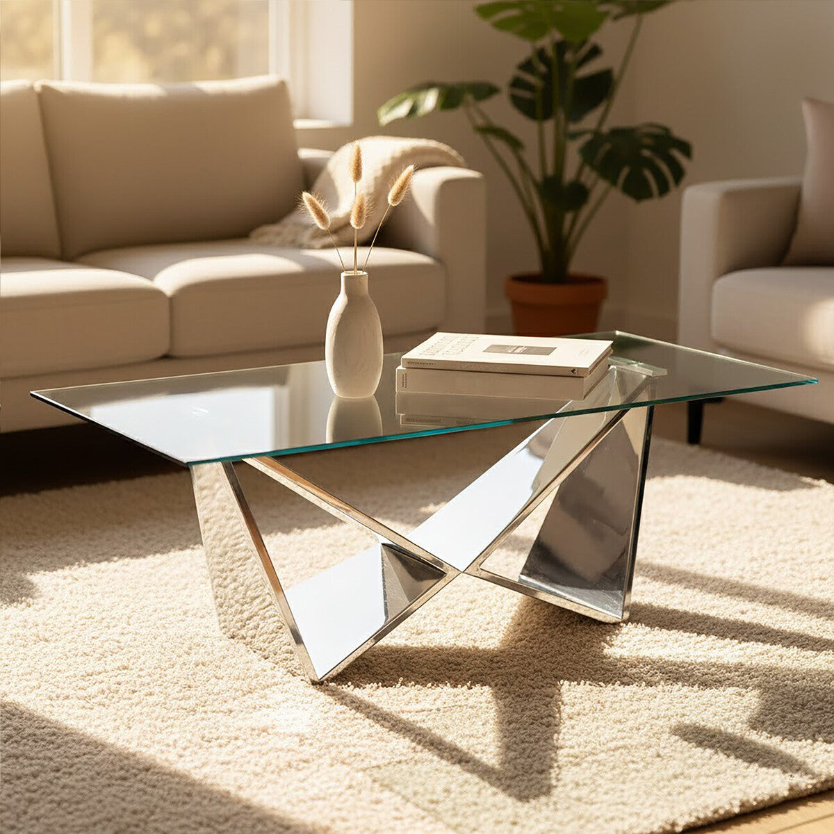 Orsina Allure Wing Base Coffee Table | Silver Stainless Steel & Glass