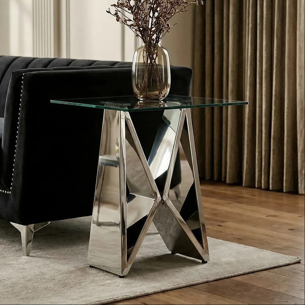 Orsina Allure Silver Wing Base End Table with Clear Tempered Glass