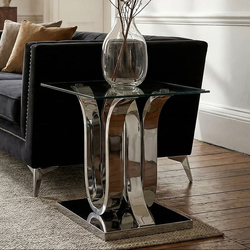 Orsina Allure Glass End Table – Curved Mirrored Silver Base