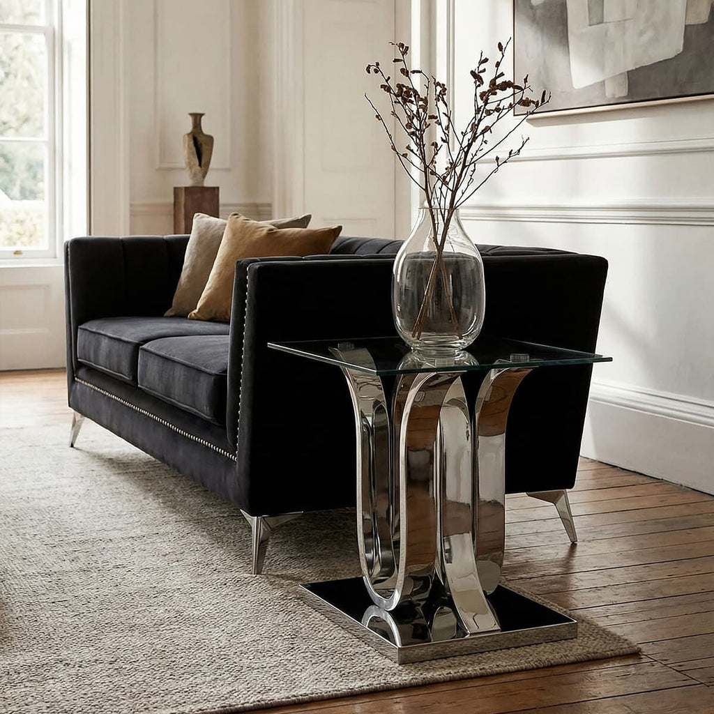 Orsina Allure Glass End Table – Curved Mirrored Silver Base