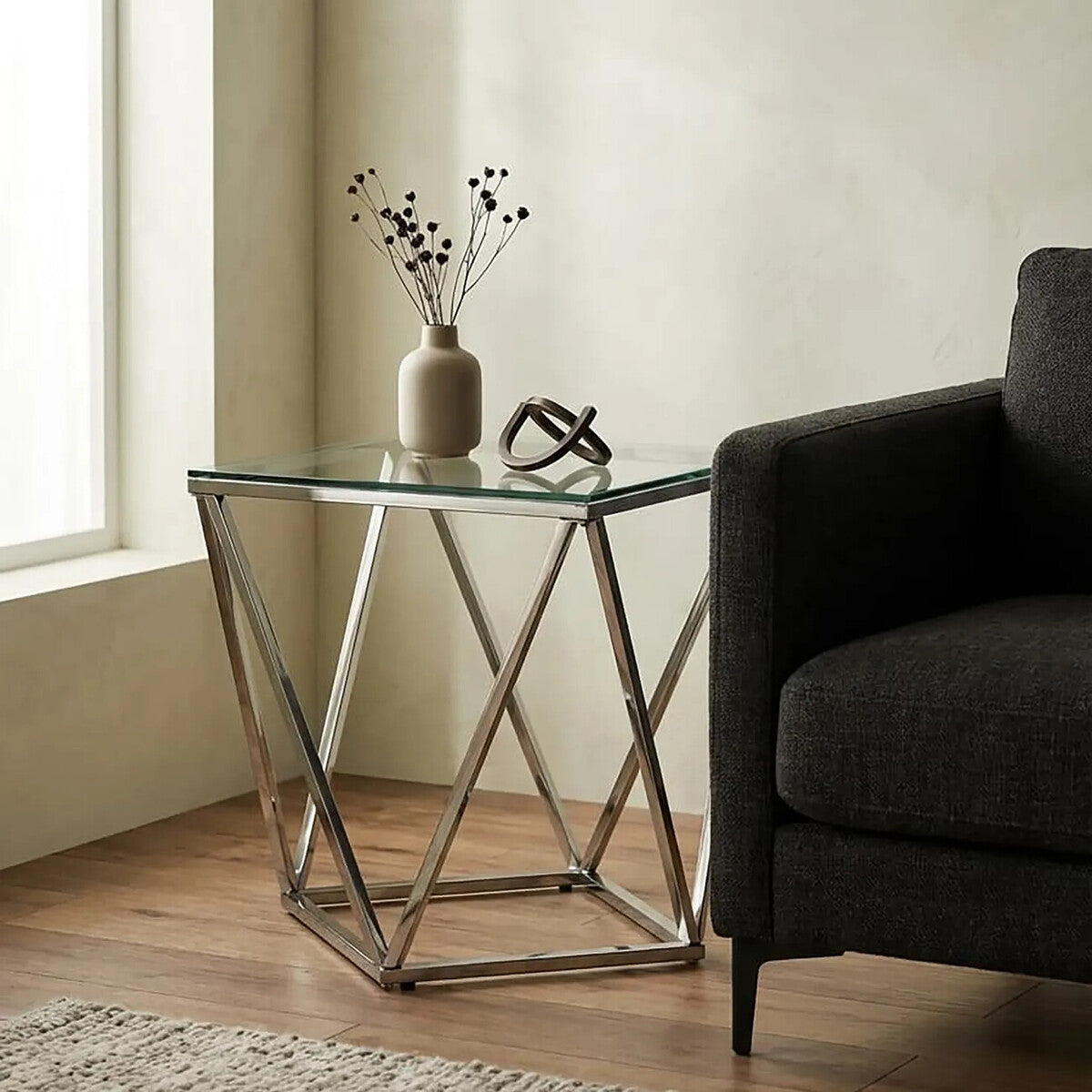 Orsina Allure Silver Inverted Prism End Table with Tempered Glass