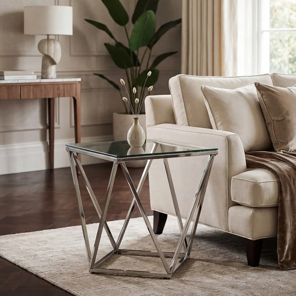 Orsina Allure Silver Inverted Prism End Table with Tempered Glass