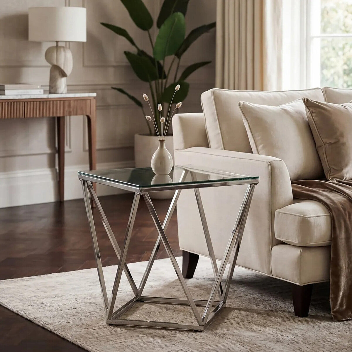 Orsina Allure Silver Inverted Prism End Table with Tempered Glass
