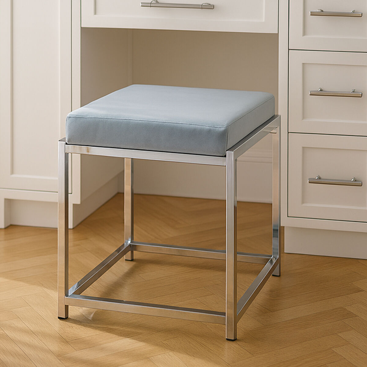 Orsina Allure Powder Blue Velvet Stool | Modern Silver Stainless Frame
