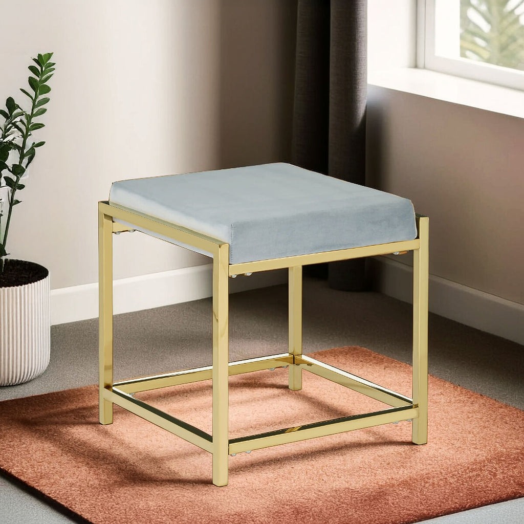 Orsina Powder Blue Velvet Stool – Modern Gold Square Vanity Seat