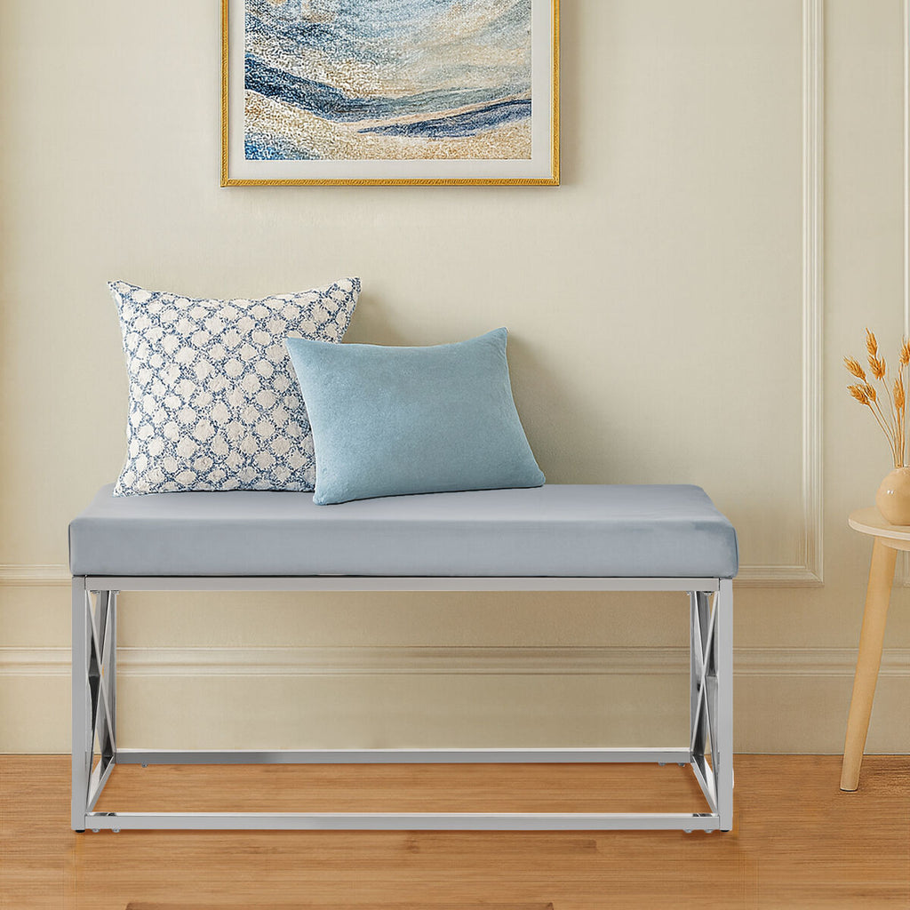 Orsina Allure Light Blue Velvet Bench | Silver Stainless Steel Frame
