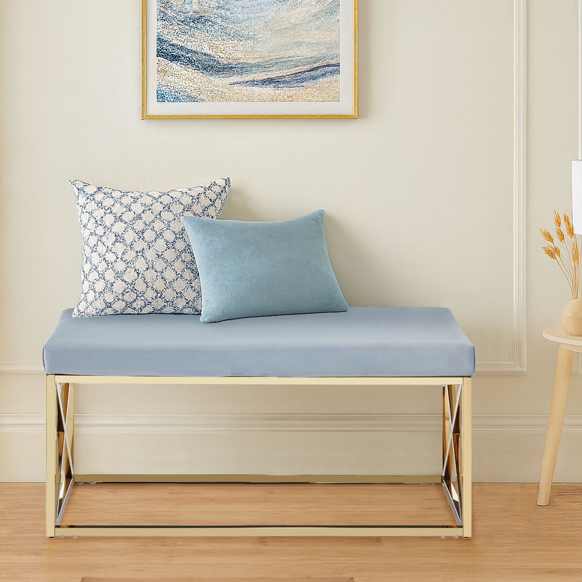 Orsina Allure Velvet Bench – Powder Blue and Gold Stainless Steel