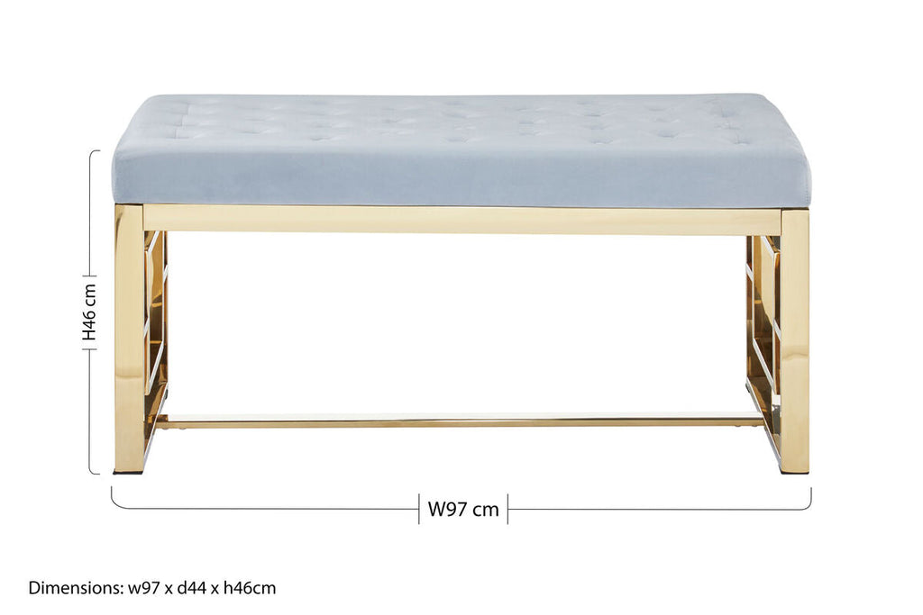 Orsina Allure Tufted Velvet Bench | Powder Grey and Gold Stainless
