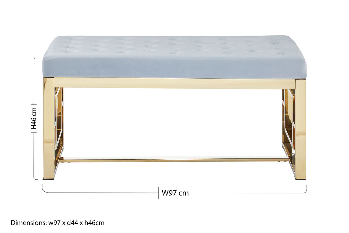 Orsina Allure Tufted Velvet Bench | Powder Grey and Gold Stainless