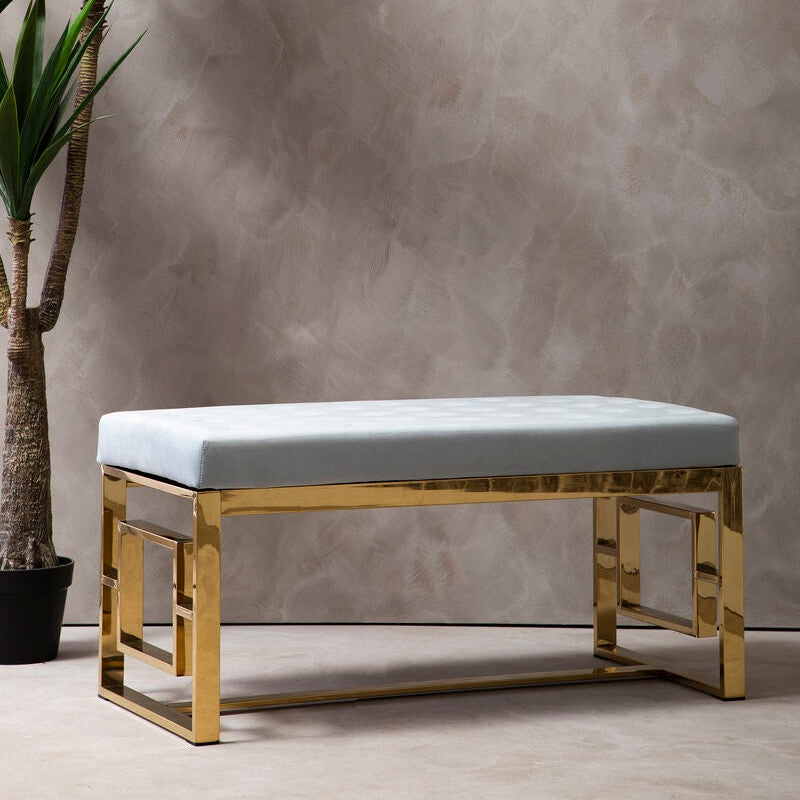 Orsina Allure Tufted Velvet Bench | Powder Grey and Gold Stainless