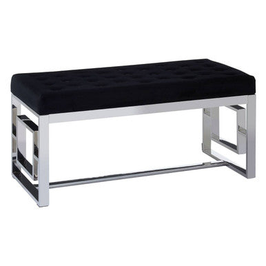 Orsina Allure Black Tufted Velvet Bench with Silver Stainless Base