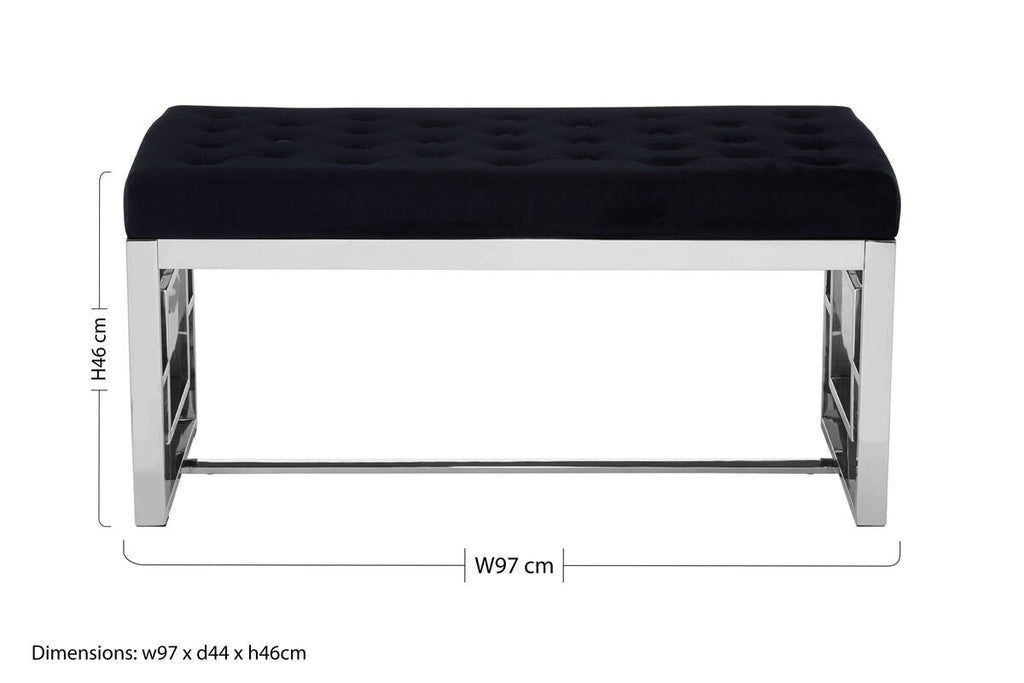 Orsina Allure Black Tufted Velvet Bench with Silver Stainless Base