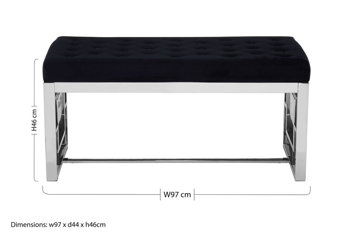 Orsina Allure Black Tufted Velvet Bench with Silver Stainless Base