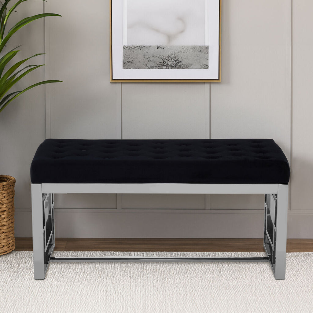 Orsina Allure Black Tufted Velvet Bench with Silver Stainless Base