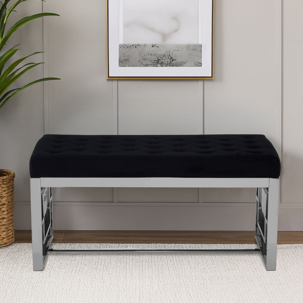 Orsina Allure Black Tufted Velvet Bench with Silver Stainless Base