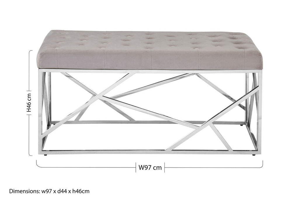 Orsina Allure Mink Velvet Bench | Quilted Seat with Silver Frame